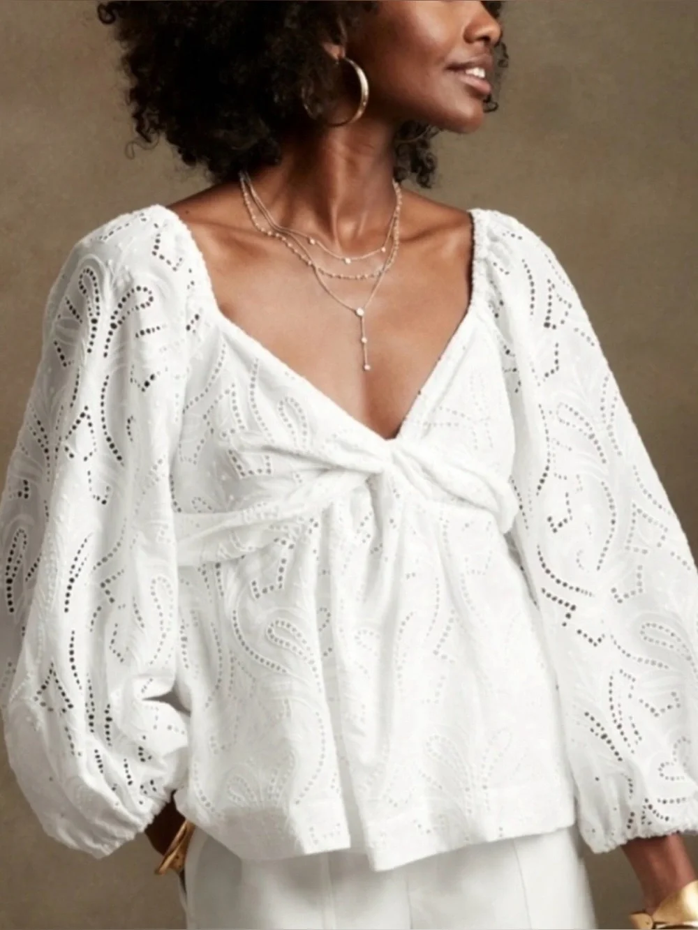 Banana Republic White Eyelet Puff Sleeve Twist Front Blouse Top M